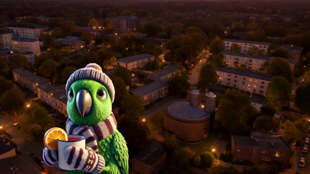 Das KlimaVeedel Maskottchen Röni schwebt über Bilderstöckchen. In deinen Pfoten hält er eine warme Tasse und er trägt Schal und Mütze.